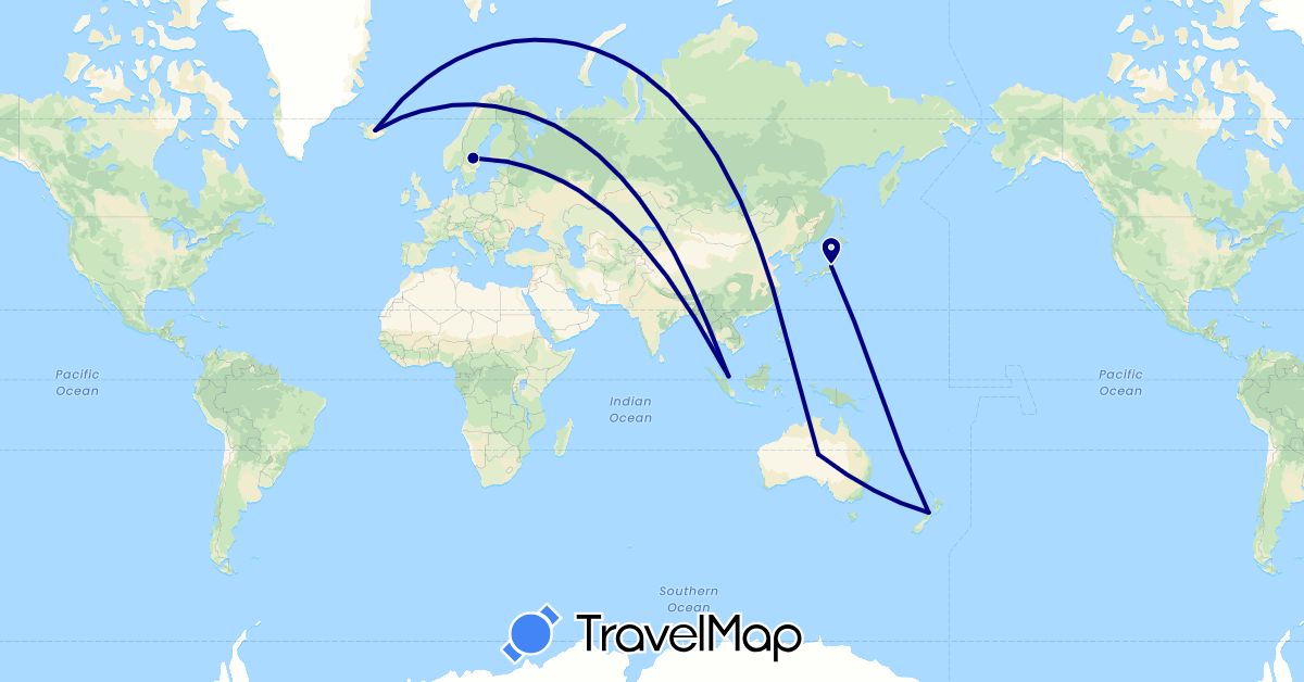 TravelMap itinerary: driving in Australia, Iceland, Japan, New Zealand, Sweden, Singapore (Asia, Europe, Oceania)
